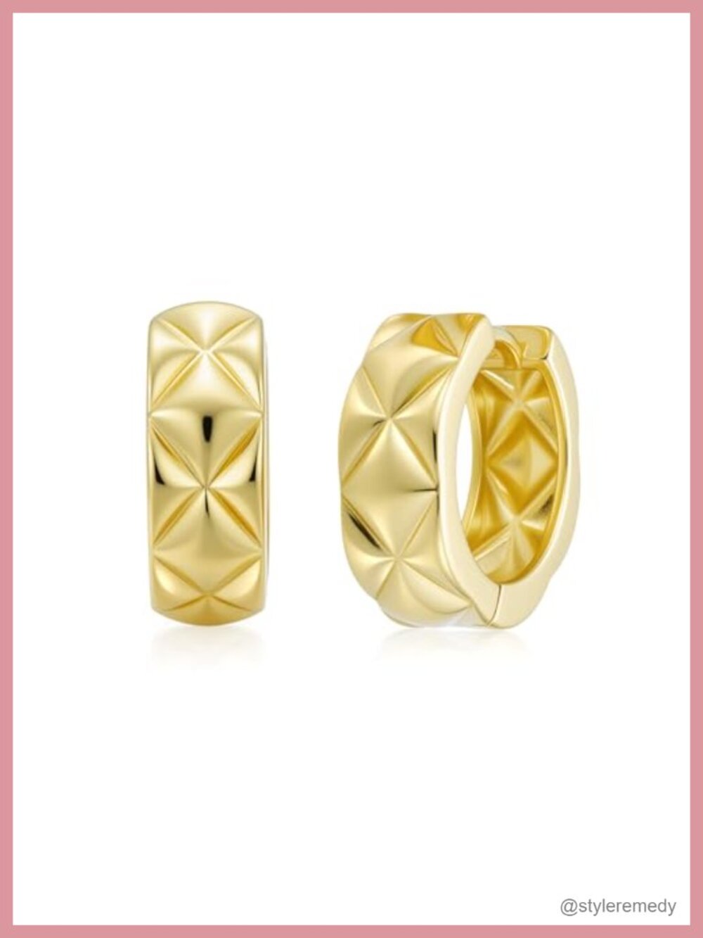 14k Gold Plated Hoop Earrings Rhombus Pattern Hinged Snap Back